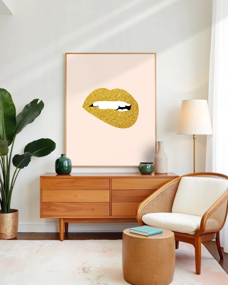 Shop Shimmer Gold Lips Fashion Style Minimal Art Print, Canvas Print - exclusively certified at 83oranges.com by artist Uma Gokhale India