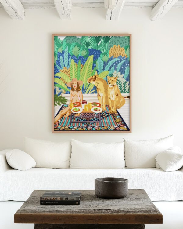 Shop jungle breakfast with lions wild cats Art Print, Canvas Print, Commercial digital license & Instant printable download - available at 83oranges.com by artist Uma Gokhale India