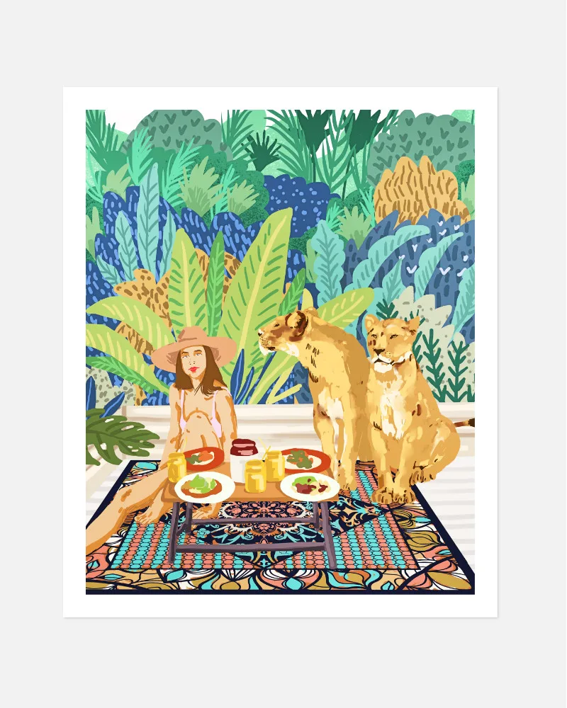 Shop jungle breakfast with lions wild cats Art Print, Canvas Print, digital printable download - available at 83oranges.com by artist Uma Gokhale India