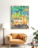 Shop jungle breakfast with lions wild cats Art Print, Canvas Print, digital printable download - available at 83oranges.com by artist Uma Gokhale India