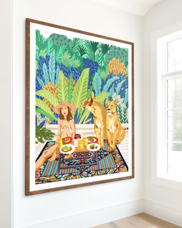 Shop jungle breakfast with lions wild cats Art Print, Canvas Print, Commercial digital license & Instant printable download - available at 83oranges.com by artist Uma Gokhale India