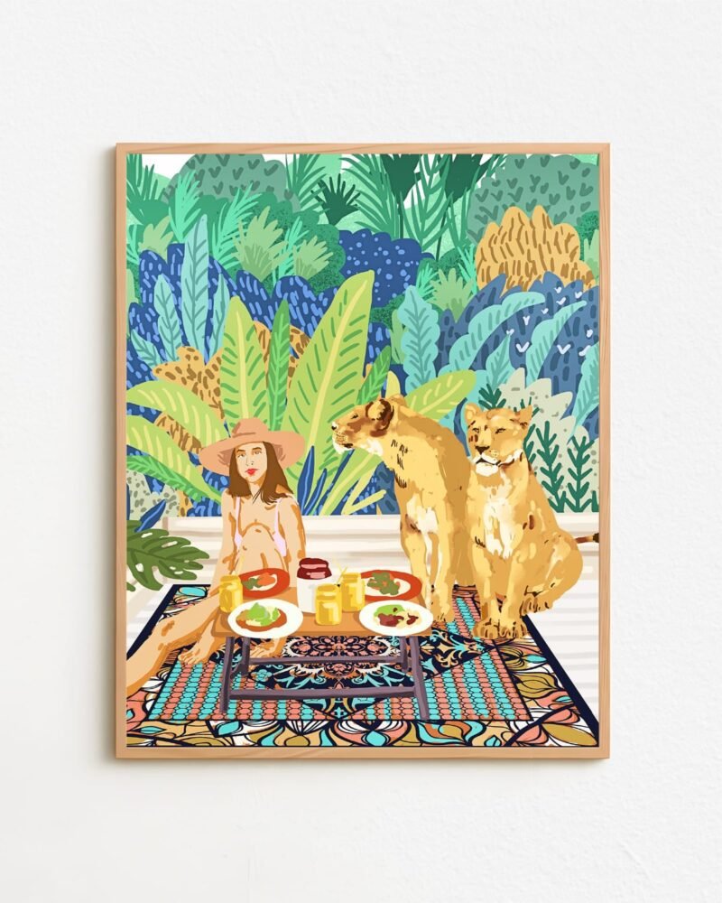 Shop jungle breakfast with lions wild cats Art Print, Canvas Print, digital printable download - available at 83oranges.com by artist Uma Gokhale India