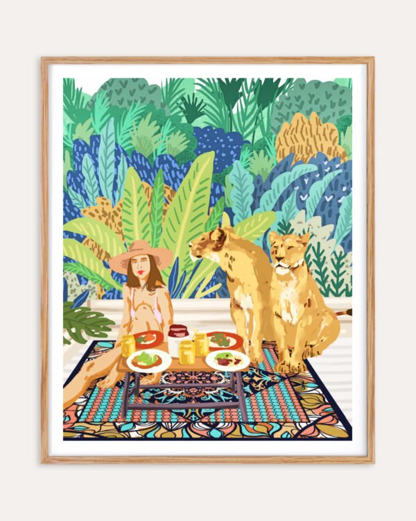 Shop jungle breakfast with lions wild cats Art Print, Canvas Print, Commercial digital license & Instant printable download - available at 83oranges.com by artist Uma Gokhale India