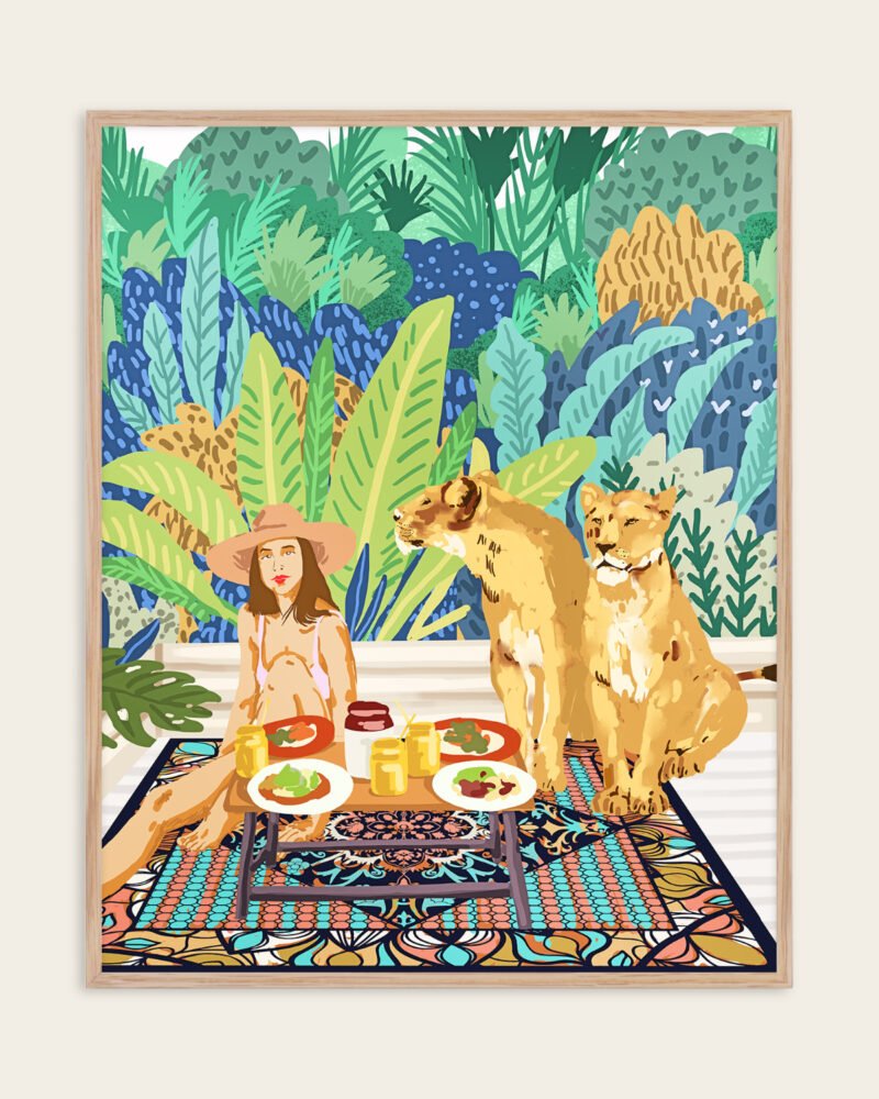 Shop jungle breakfast with lions wild cats Art Print, Canvas Print, Commercial digital license & Instant printable download - available at 83oranges.com by artist Uma Gokhale India
