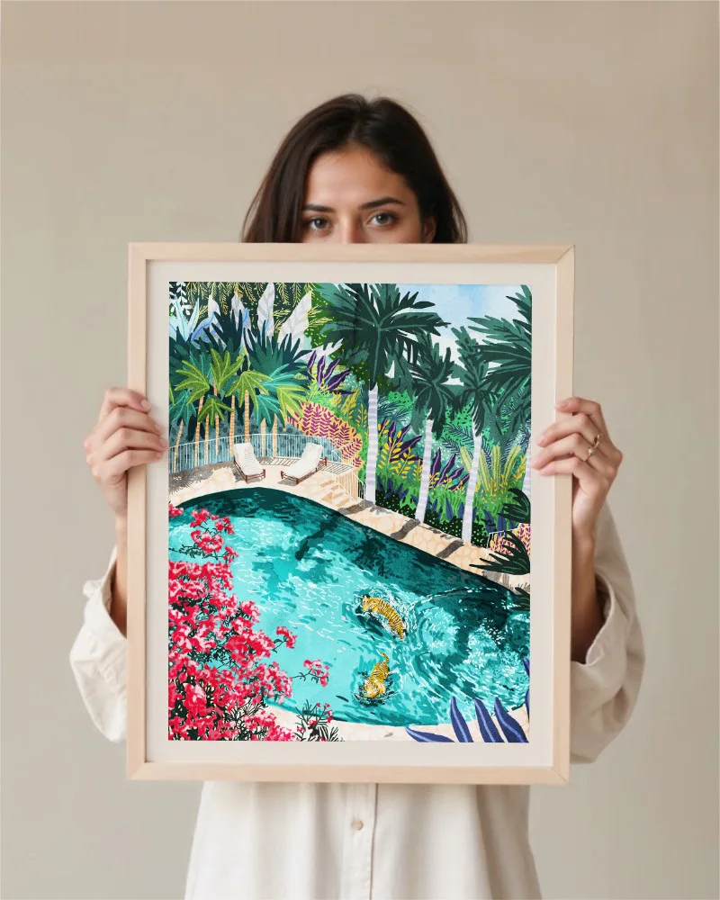 Shop Tigers Luxury Villa painting Art Print, Canvas Print, digital printable download - available at 83oranges.com by artist Uma Gokhale India