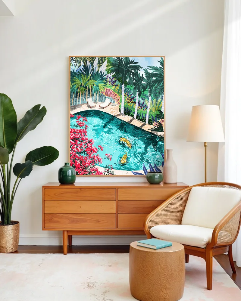 Shop Tigers Luxury Villa painting Art Print, Canvas Print, digital printable download - available at 83oranges.com by artist Uma Gokhale India