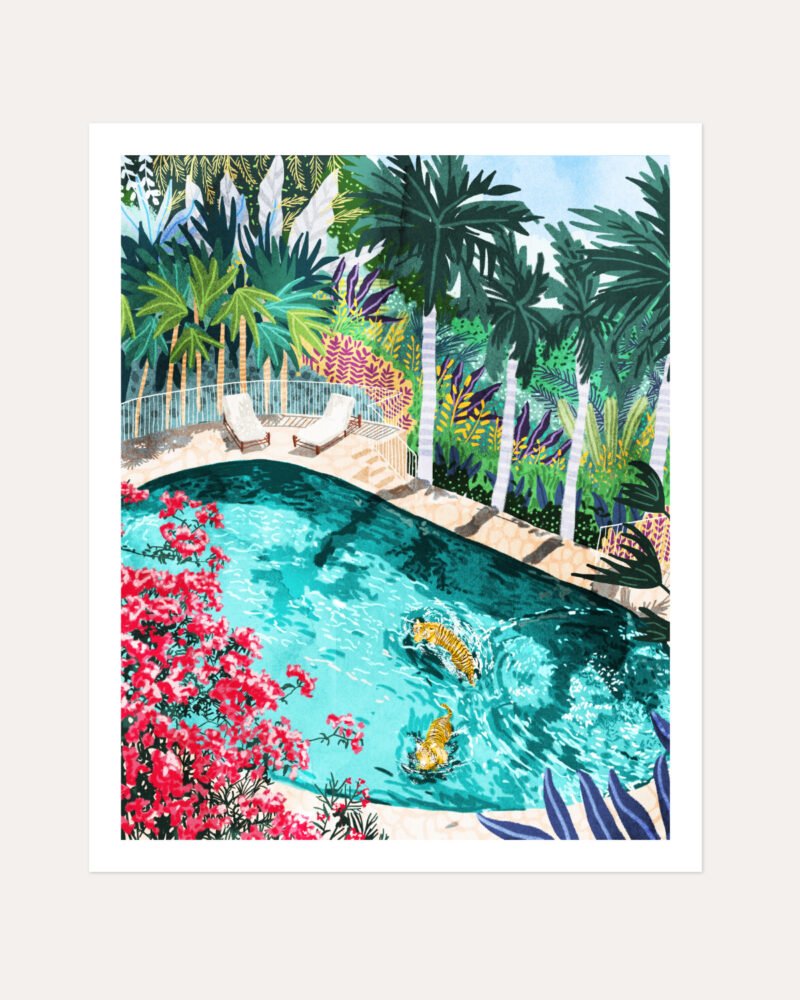 Shop Tigers Luxury Villa painting Art Print, Canvas Print, Commercial digital license & Instant printable download - available at 83oranges.com by artist Uma Gokhale India