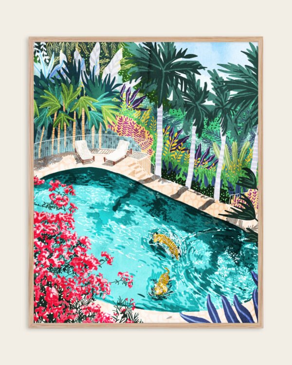 Shop Tigers Luxury Villa painting Art Print, Canvas Print, Commercial digital license & Instant printable download - available at 83oranges.com by artist Uma Gokhale India