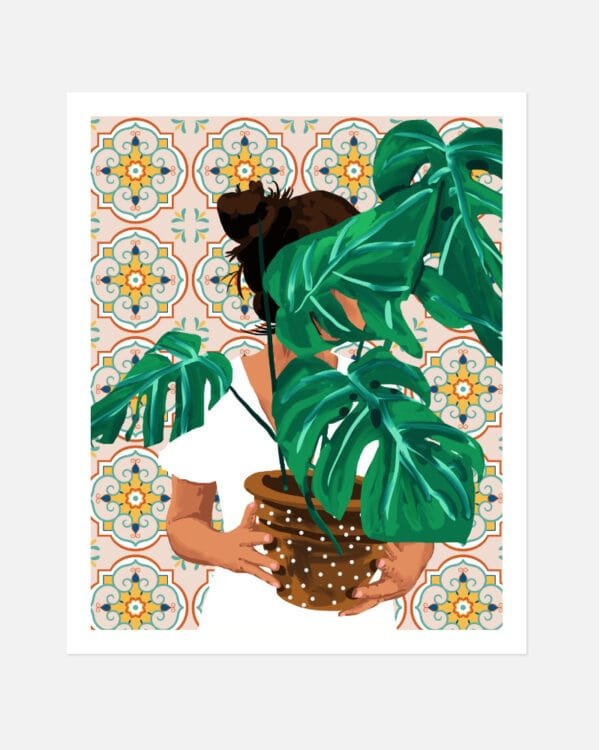 Shop Bohemian woman Tropical Plant lady monstera house plant botanical Art Print & Canvas Print - exclusively certified at 83oranges.com by artist Uma Gokhale India