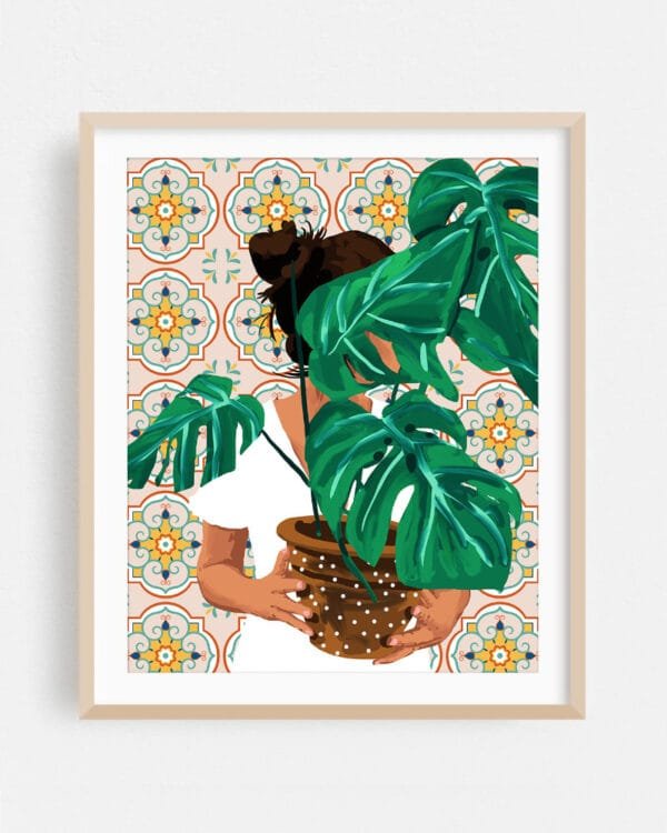 Shop Bohemian woman Tropical Plant lady monstera house plant botanical Art Print & Canvas Print - exclusively certified at 83oranges.com by artist Uma Gokhale India