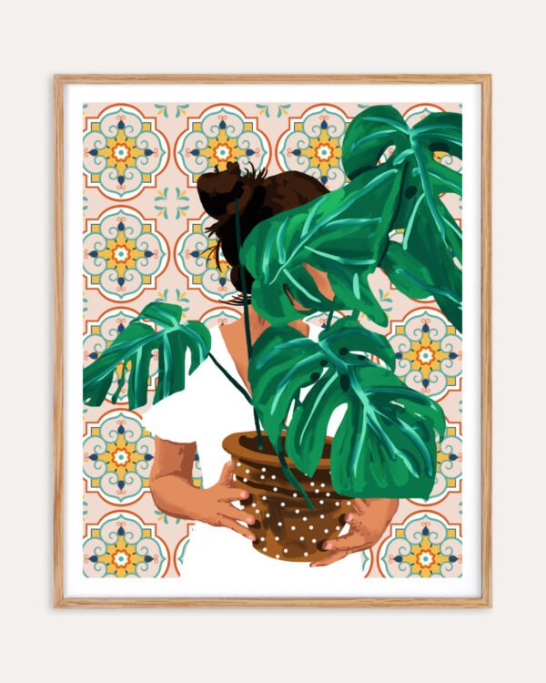 Shop Bohemian woman Tropical Plant lady monstera house plant botanical Art Print & Canvas Print, Commercial digital license & Instant download printable - exclusively certified at 83oranges.com by artist Uma Gokhale India