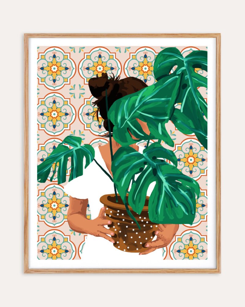 Shop Bohemian woman Tropical Plant lady monstera house plant botanical Art Print & Canvas Print, Commercial digital license & Instant download printable - exclusively certified at 83oranges.com by artist Uma Gokhale India