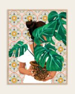 Shop Bohemian woman Tropical Plant lady monstera house plant botanical Art Print & Canvas Print, Commercial digital license & Instant download printable - exclusively certified at 83oranges.com by artist Uma Gokhale India