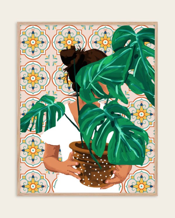 Shop Bohemian woman Tropical Plant lady monstera house plant botanical Art Print & Canvas Print, Commercial digital license & Instant download printable - exclusively certified at 83oranges.com by artist Uma Gokhale India
