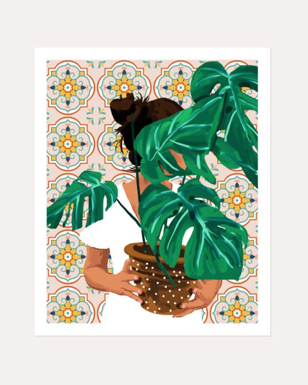 Shop Bohemian woman Tropical Plant lady monstera house plant botanical Art Print & Canvas Print, Commercial digital license & Instant download printable - exclusively certified at 83oranges.com by artist Uma Gokhale India