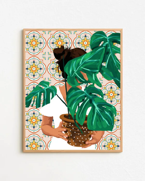 Shop Bohemian woman Tropical Plant lady monstera house plant botanical Art Print & Canvas Print - exclusively certified at 83oranges.com by artist Uma Gokhale India
