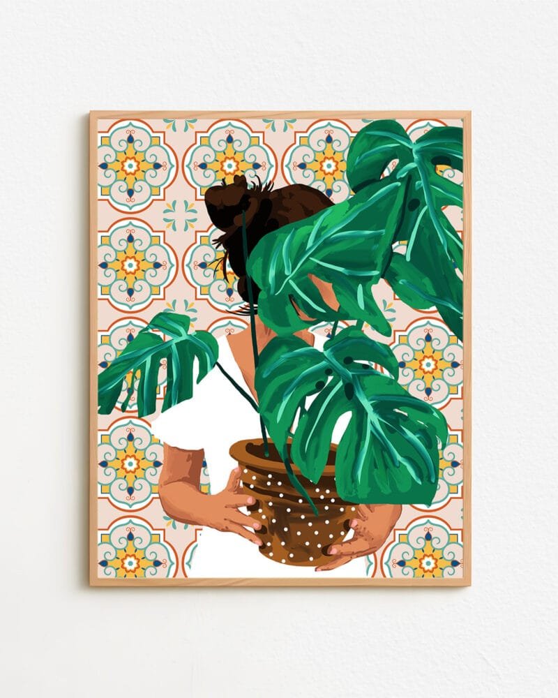 Shop Bohemian woman Tropical Plant lady monstera house plant botanical Art Print & Canvas Print - exclusively certified at 83oranges.com by artist Uma Gokhale India