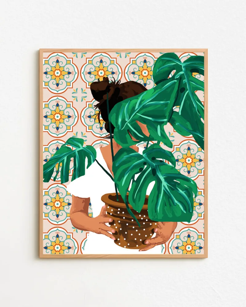 Shop Bohemian woman Tropical Plant lady monstera house plant botanical Art Print & Canvas Print - exclusively certified at 83oranges.com by artist Uma Gokhale India