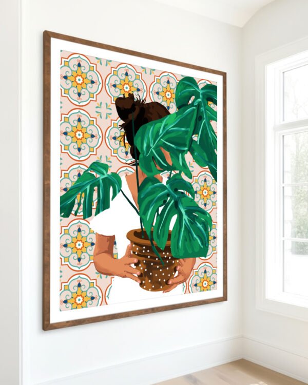 Shop Bohemian woman Tropical Plant lady monstera house plant botanical Art Print & Canvas Print, Commercial digital license & Instant download printable - exclusively certified at 83oranges.com by artist Uma Gokhale India