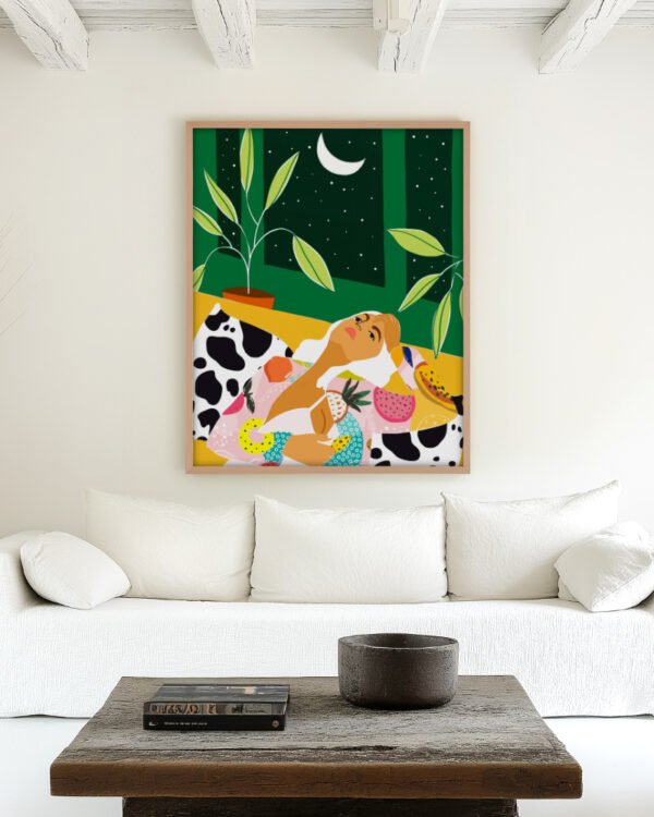 Shop Moon lover eclectic maximalist bold fashion woman Art Print, Canvas Print, Commercial digital license & Instant printable download - available at 83oranges.com by artist Uma Gokhale India