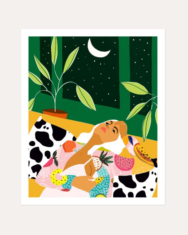 Shop Moon lover eclectic maximalist bold fashion woman Art Print, Canvas Print, Commercial digital license & Instant printable download - available at 83oranges.com by artist Uma Gokhale India