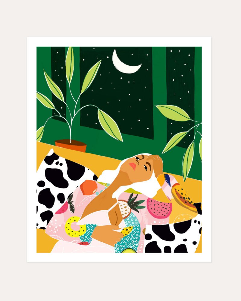 Shop Moon lover eclectic maximalist bold fashion woman Art Print, Canvas Print, Commercial digital license & Instant printable download - available at 83oranges.com by artist Uma Gokhale India