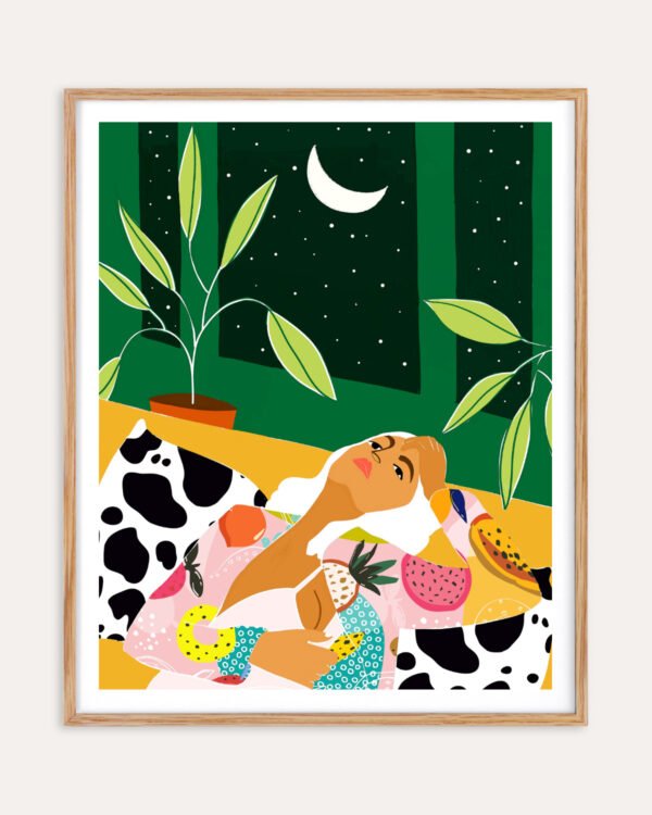 Shop Moon lover eclectic maximalist bold fashion woman Art Print, Canvas Print, Commercial digital license & Instant printable download - available at 83oranges.com by artist Uma Gokhale India