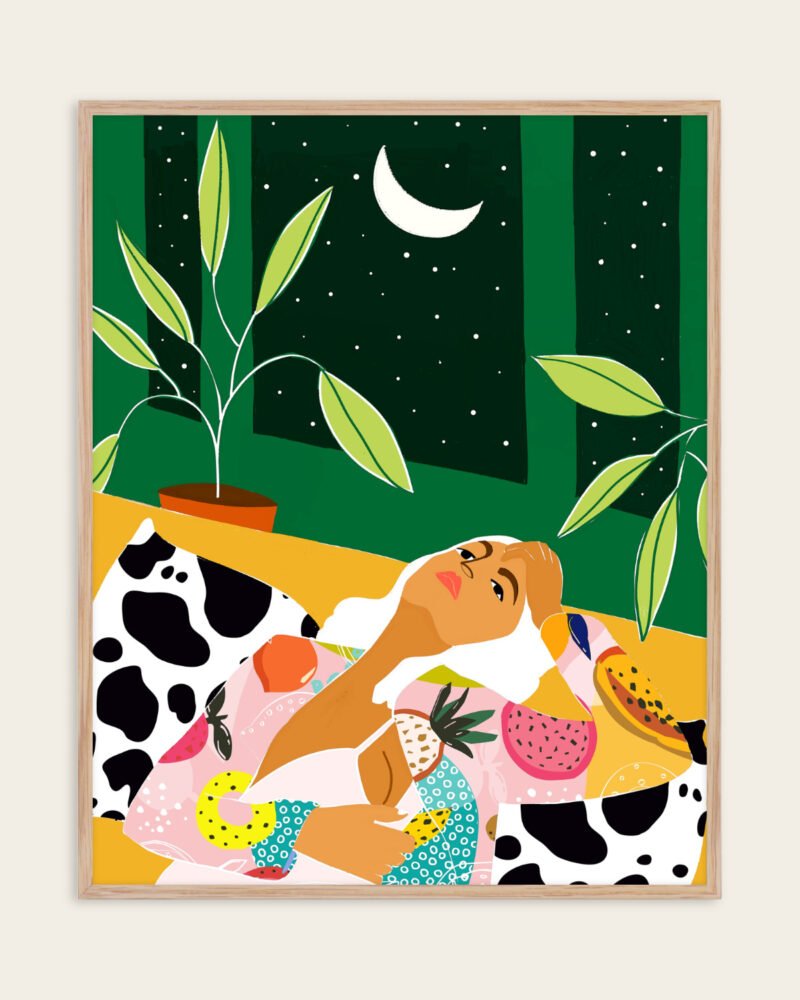Shop Moon lover eclectic maximalist bold fashion woman Art Print, Canvas Print, Commercial digital license & Instant printable download - available at 83oranges.com by artist Uma Gokhale India