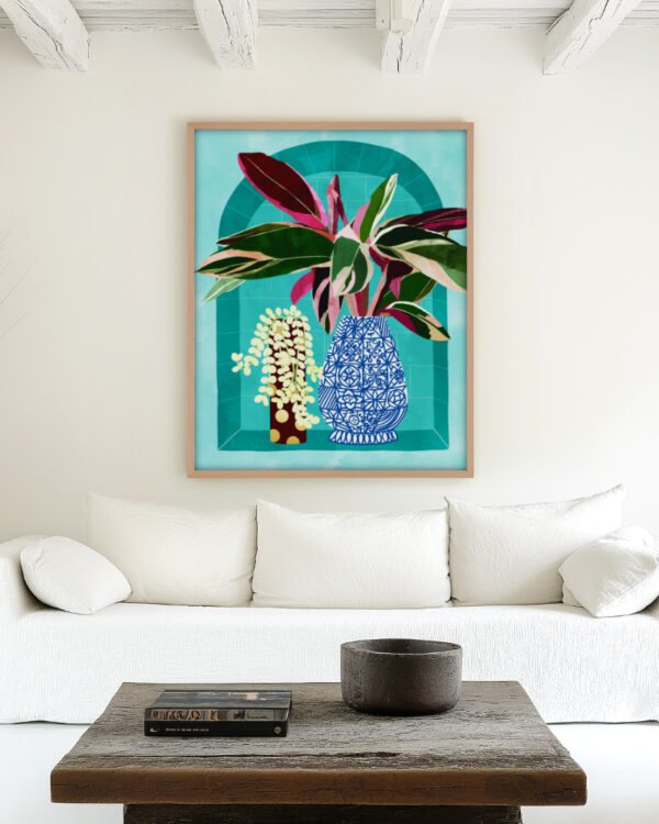 Shop Moroccan shelfi plant pot flowerpot flower pot Botanical Nature Painting Art Print, Canvas Print, Commercial digital license, instant printable download - available at 83oranges.com by artist Uma Gokhale India
