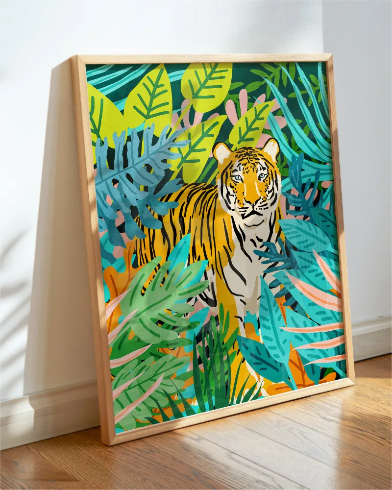 Shop tiger Jungle Watercolor tropical Wildlife painting Art Print, Canvas Print, digital printable download - available at 83oranges.com by artist Uma Gokhale India