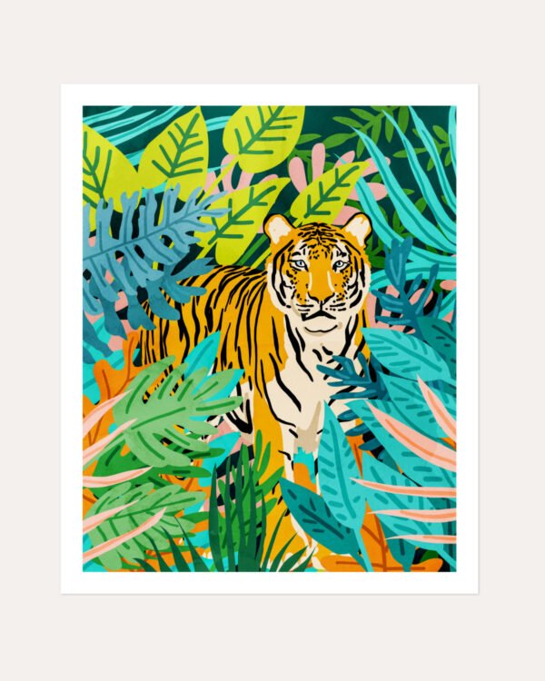 Shop tiger Jungle Watercolor tropical Wildlife painting Art Print, Canvas Print, Commercial digital license & Instant printable download - available at 83oranges.com by artist Uma Gokhale India