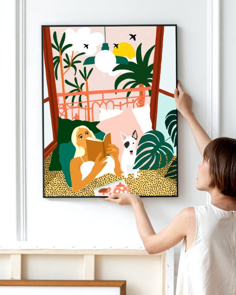 Shop Bohemian woman with dog pet Holiday Weekend Pastel Art Print & Canvas Print - exclusively certified at 83oranges.com by artist Uma Gokhale India