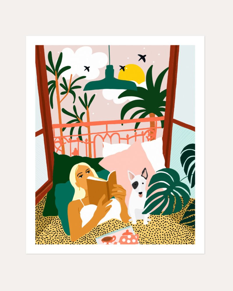 Shop Bohemian woman with dog pet Holiday Weekend Pastel Art Print & Canvas Print, Commercial digital license & Instant download printable - exclusively certified at 83oranges.com by artist Uma Gokhale India