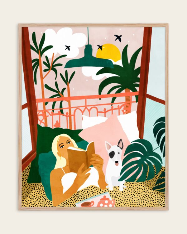 Shop Bohemian woman with dog pet Holiday Weekend Pastel Art Print & Canvas Print, Commercial digital license & Instant download printable - exclusively certified at 83oranges.com by artist Uma Gokhale India