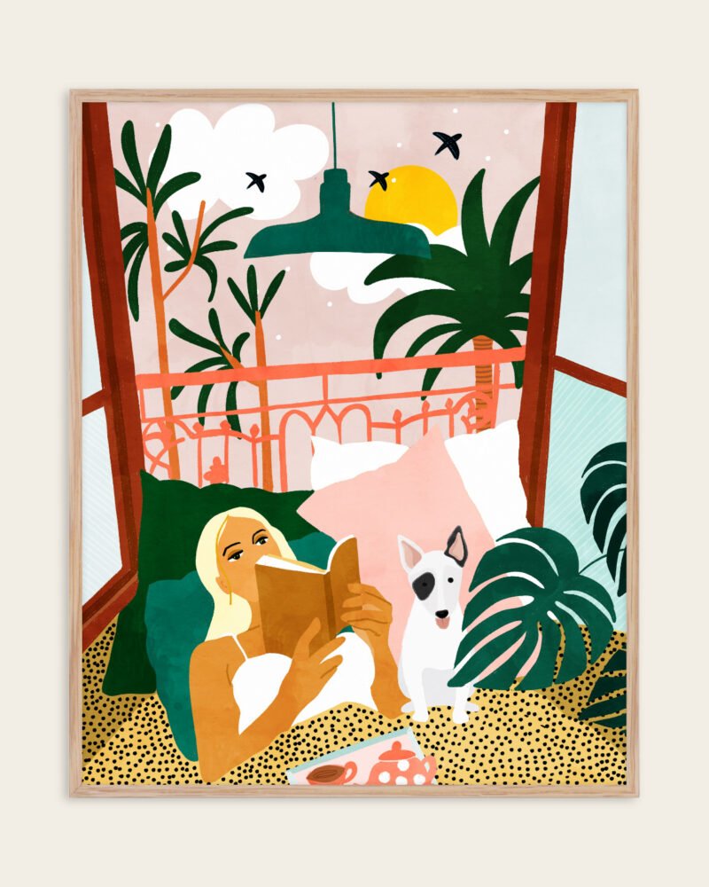Shop Bohemian woman with dog pet Holiday Weekend Pastel Art Print & Canvas Print, Commercial digital license & Instant download printable - exclusively certified at 83oranges.com by artist Uma Gokhale India