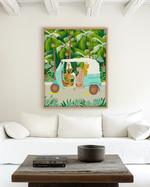 Shop bohemian woman with jungle leopard travel Bali tropical Art Print, Canvas Print, Commercial digital license & Instant download printable - available at 83oranges.com by artist Uma Gokhale India