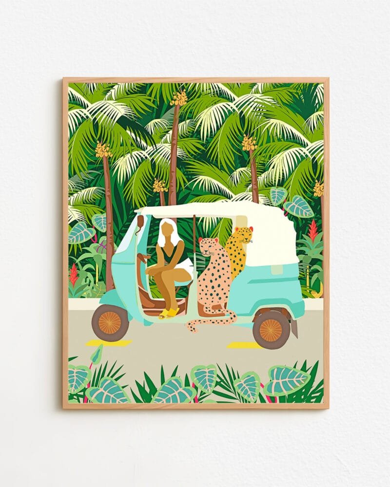 Shop bohemian woman with jungle leopard travel Bali tropical Art Print, Canvas Print, digital printable download - available at 83oranges.com by artist Uma Gokhale India