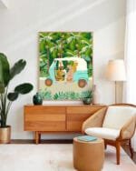 Shop bohemian woman with jungle leopard travel Bali tropical Art Print, Canvas Print, digital printable download - available at 83oranges.com by artist Uma Gokhale India