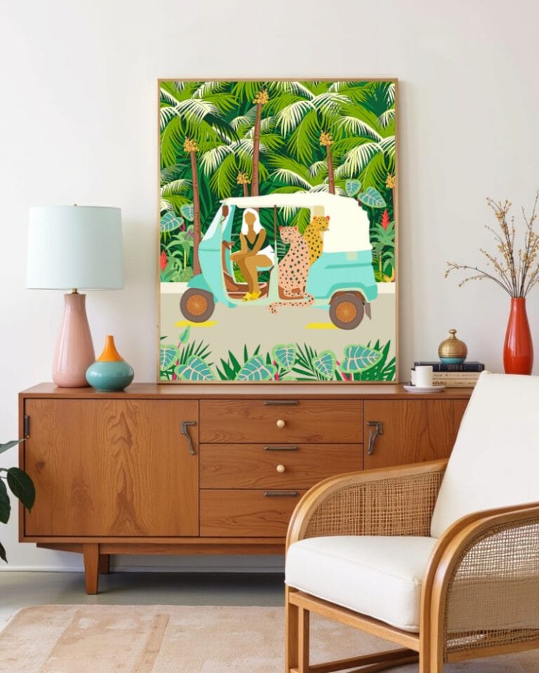 Shop bohemian woman with jungle leopard travel Bali tropical Art Print, Canvas Print, digital printable download - available at 83oranges.com by artist Uma Gokhale India