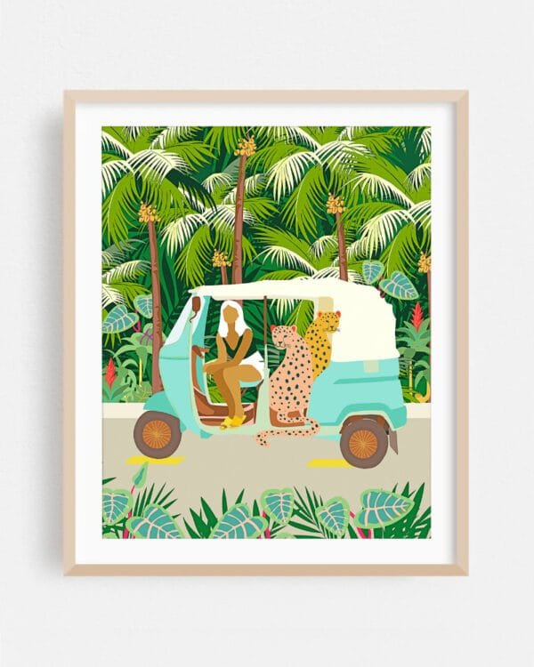 Shop bohemian woman with jungle leopard travel Bali tropical Art Print, Canvas Print, digital printable download - available at 83oranges.com by artist Uma Gokhale India