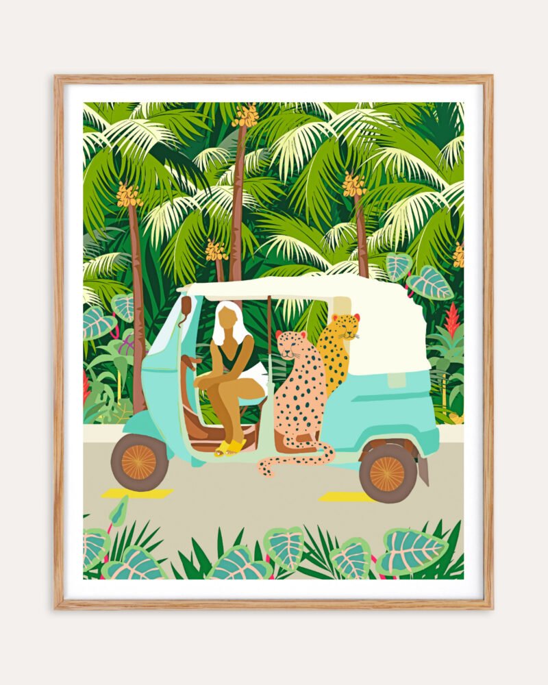 Shop bohemian woman with jungle leopard travel Bali tropical Art Print, Canvas Print, Commercial digital license & Instant download printable - available at 83oranges.com by artist Uma Gokhale India