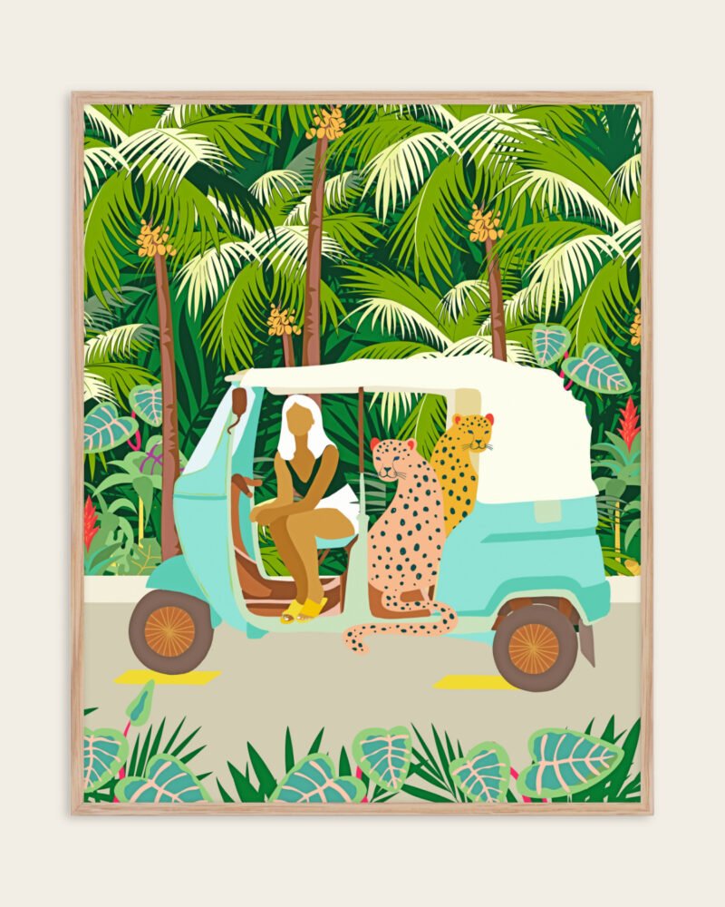 Shop bohemian woman with jungle leopard travel Bali tropical Art Print, Canvas Print, Commercial digital license & Instant download printable - available at 83oranges.com by artist Uma Gokhale India