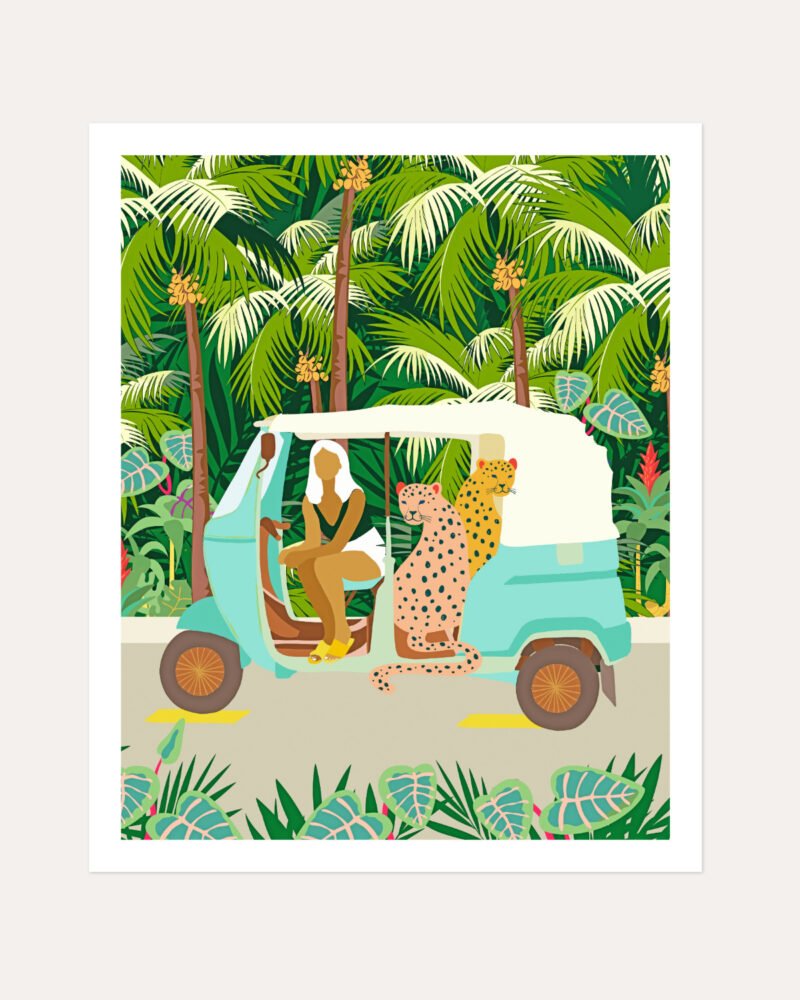 Shop bohemian woman with jungle leopard travel Bali tropical Art Print, Canvas Print, Commercial digital license & Instant download printable - available at 83oranges.com by artist Uma Gokhale India