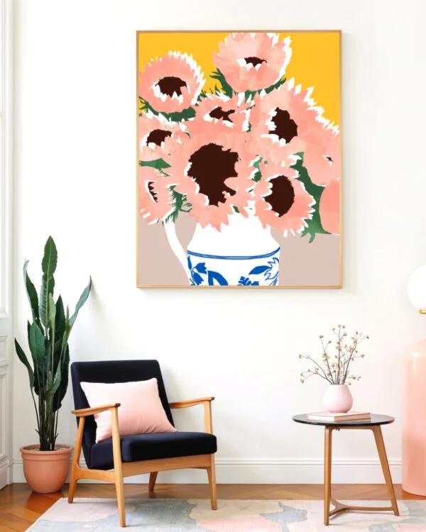 Shop pastel sunflowers flower pot Botanical Nature Painting Art Print, Canvas Print, digital printable download - available at 83oranges.com by artist Uma Gokhale India