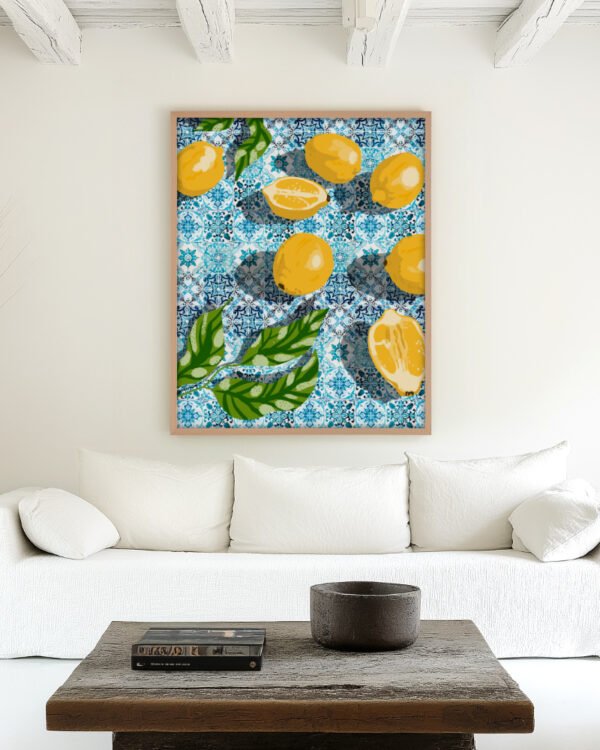 Shop sweet Moroccan tiles & sour lemons botanical Art Print, Canvas Print, Commercial digital license & Instant printable download - available at 83oranges.com by artist Uma Gokhale India
