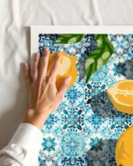 Shop sweet Moroccan tiles & sour lemons botanical Art Print, Canvas Print, Commercial digital license & Instant printable download - available at 83oranges.com by artist Uma Gokhale India