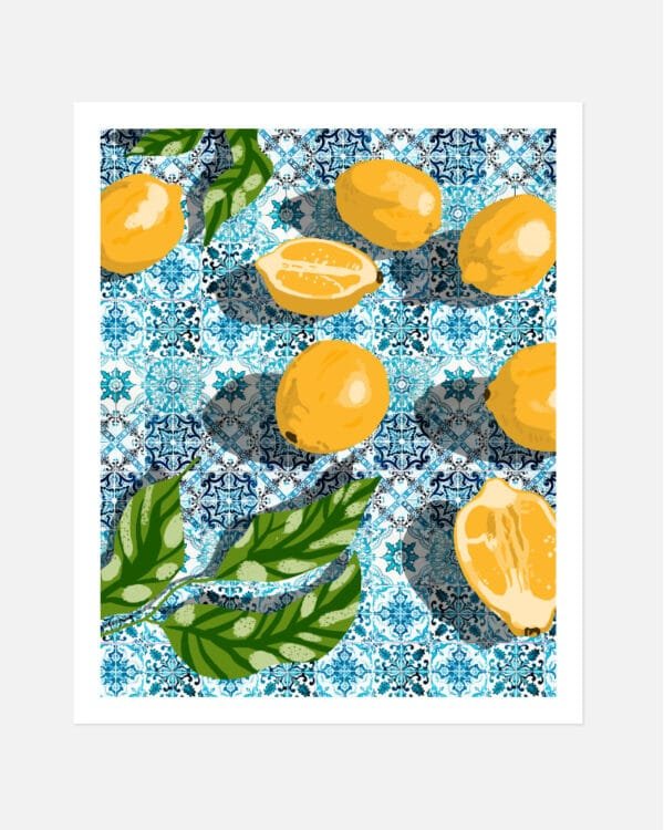 Shop sweet Moroccan tiles & sour lemons botanical Art Print, Canvas Print, digital printable download - available at 83oranges.com by artist Uma Gokhale India