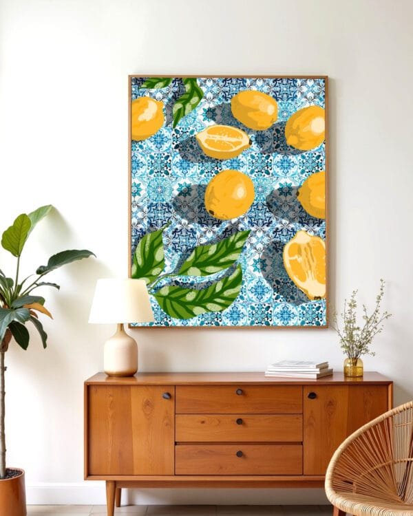 Shop sweet Moroccan tiles & sour lemons botanical Art Print, Canvas Print, digital printable download - available at 83oranges.com by artist Uma Gokhale India