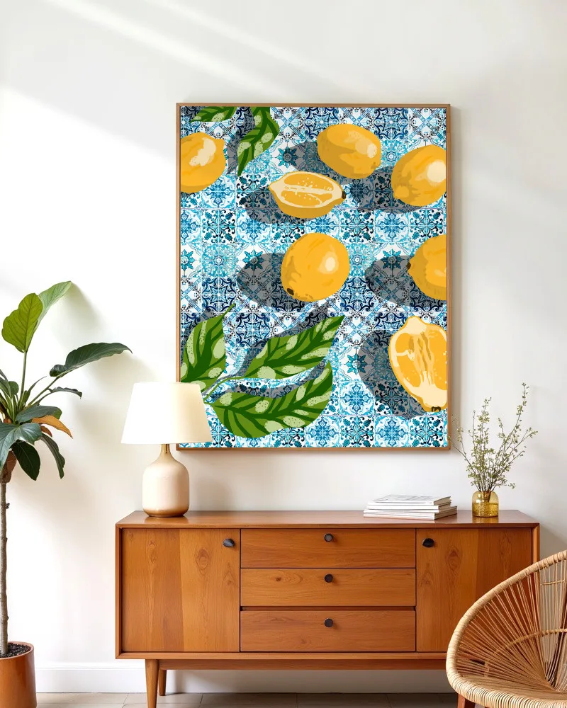Shop sweet Moroccan tiles & sour lemons botanical Art Print, Canvas Print, digital printable download - available at 83oranges.com by artist Uma Gokhale India