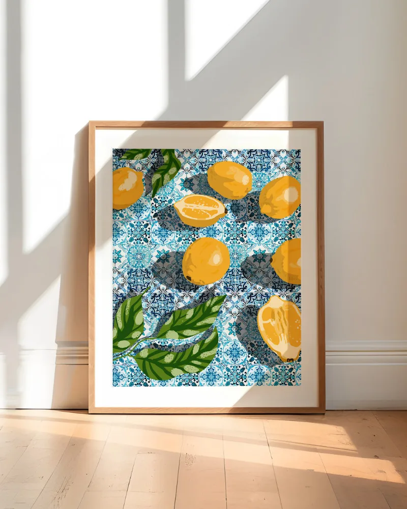 Shop sweet Moroccan tiles & sour lemons botanical Art Print, Canvas Print, digital printable download - available at 83oranges.com by artist Uma Gokhale India